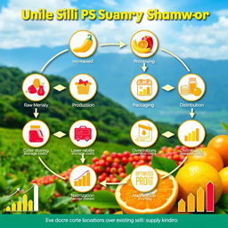 A vibrant digital artwork depicting a unique supply chain framework for a product made from a mix of sili (chili) and kamias (sour fruit)