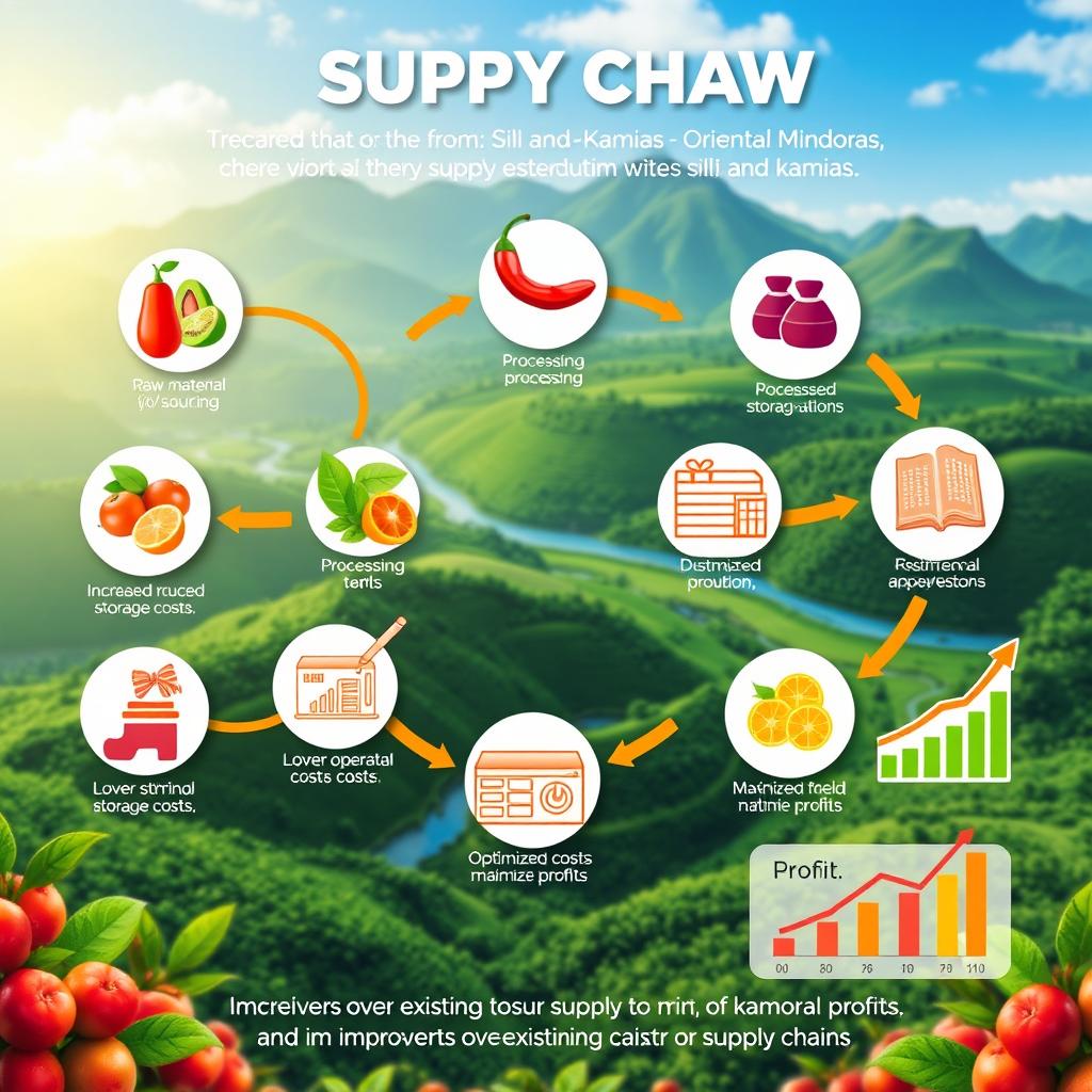 A vibrant digital artwork depicting a unique supply chain framework for a product made from a mix of sili (chili) and kamias (sour fruit)