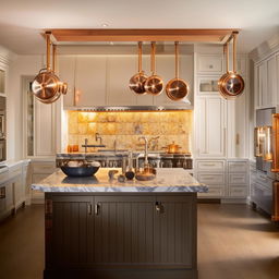 A modern kitchen with a central island and high-end stainless steel appliances. It is gleaming with warm lighting, and includes hanging pot racks filled with copper pots and pans.