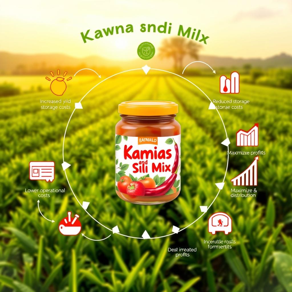A vibrant digital artwork showcasing a product made from a mix of kamias (sour fruit) and sili (chili)