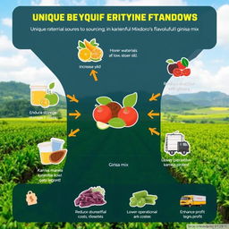 A digital artwork illustrating a unique supply chain framework for a product made from kamias and sili, showcasing them mixed together as a flavorful ginisa mix