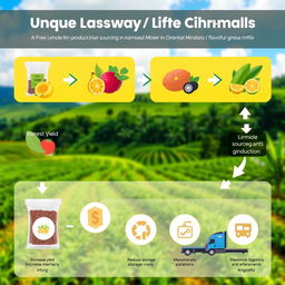 A digital artwork illustrating a unique supply chain framework for a product made from kamias and sili, showcasing them mixed together as a flavorful ginisa mix