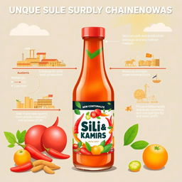 A detailed digital illustration depicting a unique supply chain framework for a product made from a mix of sili (chili) and kamias (sour fruit)