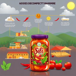 A detailed digital illustration depicting a unique supply chain framework for a product made from a mix of sili (chili) and kamias (sour fruit)