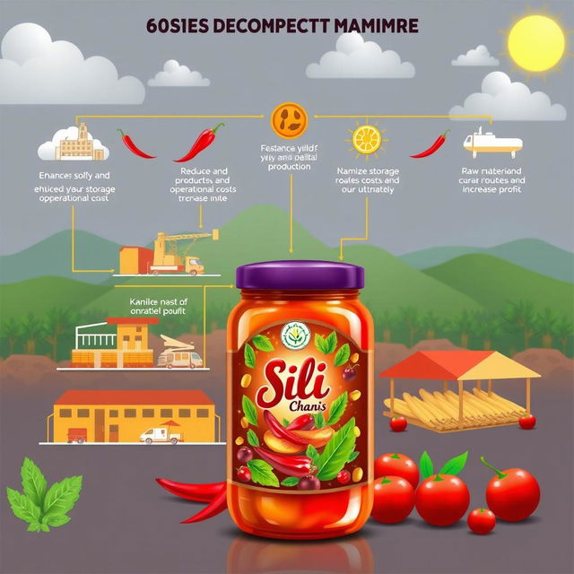 A detailed digital illustration depicting a unique supply chain framework for a product made from a mix of sili (chili) and kamias (sour fruit)