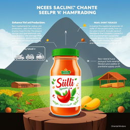 A detailed digital illustration depicting a unique supply chain framework for a product made from a mix of sili (chili) and kamias (sour fruit)