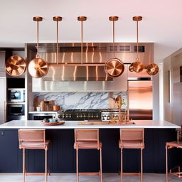 A modern kitchen with a central island and high-end stainless steel appliances. It is gleaming with warm lighting, and includes hanging pot racks filled with copper pots and pans.