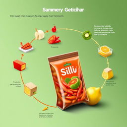 A digital art representation of a unique supply chain framework for a potential product made from a mix of sili (chili) and kamias (sour fruits)