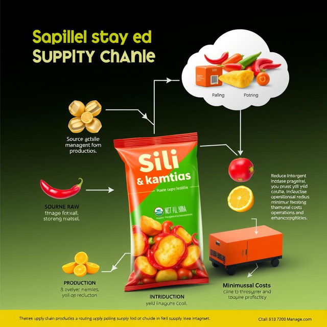 A digital art representation of a unique supply chain framework for a potential product made from a mix of sili (chili) and kamias (sour fruits)