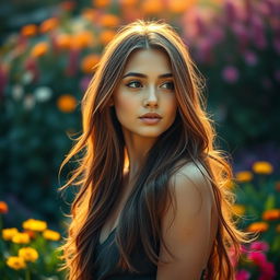A portrait of a beautiful young woman with long, flowing hair and striking features, wearing a stylish outfit