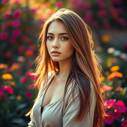A portrait of a beautiful young woman with long, flowing hair and striking features, wearing a stylish outfit