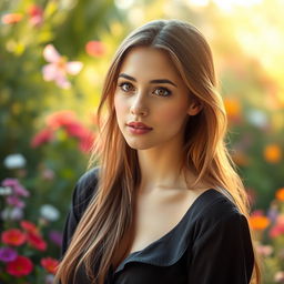 A portrait of a beautiful young woman with long, flowing hair and striking features, wearing a stylish outfit