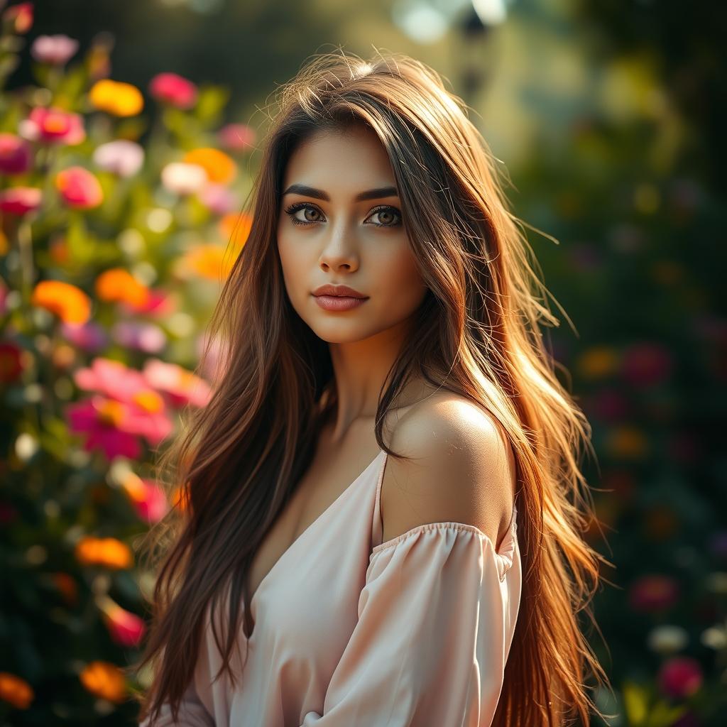 A portrait of a beautiful young woman with long, flowing hair and striking features, wearing a stylish outfit