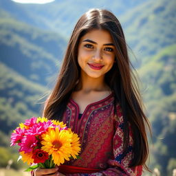 A stunning Iranian girl with long, flowing black hair, wearing a colorful traditional Persian dress with intricate patterns