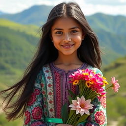 A stunning Iranian girl with long, flowing black hair, wearing a colorful traditional Persian dress with intricate patterns