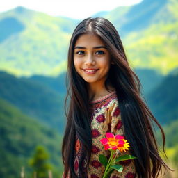 A stunning Iranian girl with long, flowing black hair, wearing a colorful traditional Persian dress with intricate patterns