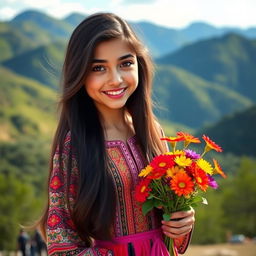 A stunning Iranian girl with long, flowing black hair, wearing a colorful traditional Persian dress with intricate patterns