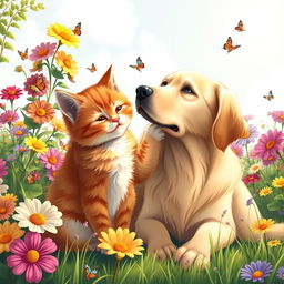 A heartwarming scene of a cute cat and its dog friend sitting together in a sunny garden