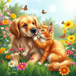 A heartwarming scene of a cute cat and its dog friend sitting together in a sunny garden