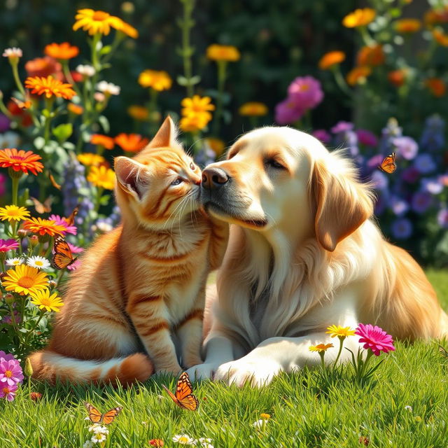 A heartwarming scene of a cute cat and its dog friend sitting together in a sunny garden