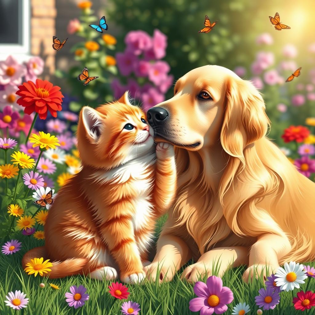 A heartwarming scene of a cute cat and its dog friend sitting together in a sunny garden