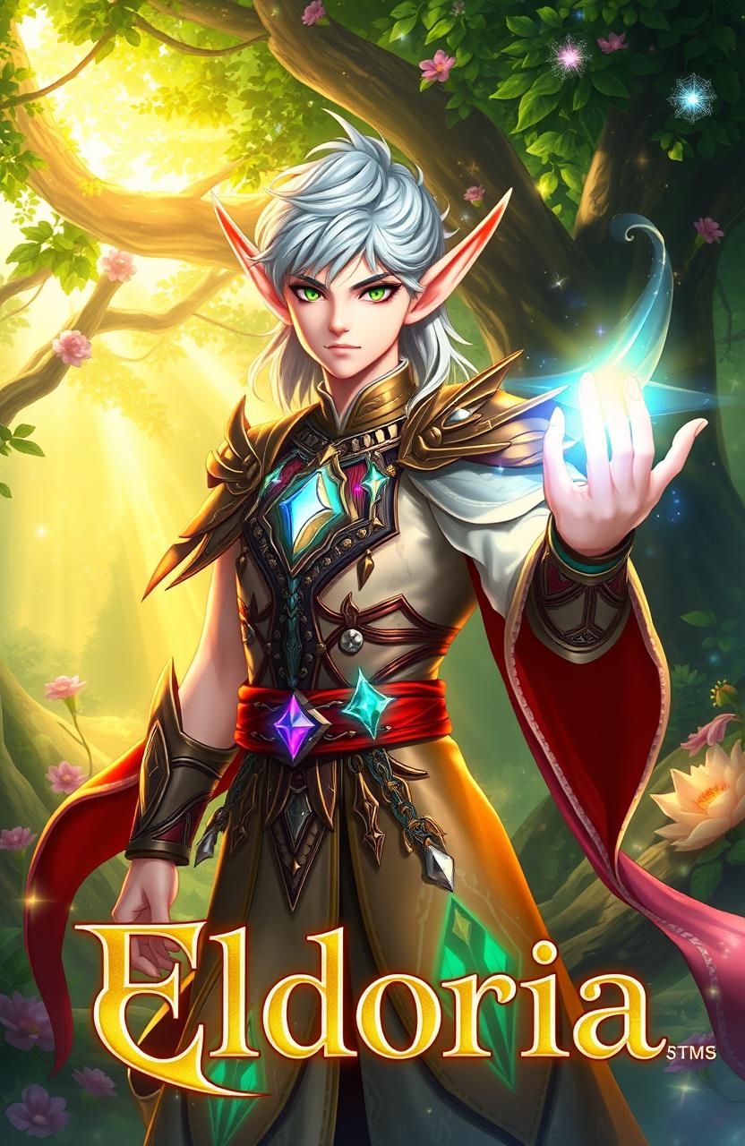 A bright and enchanting male elf character, showcasing ethereal beauty with pointed ears and glimmering skin, dressed in elaborate fantasy attire reflecting the vibrant colors of a magical forest