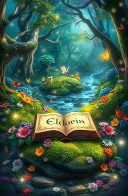 A magical enchanted forest filled with vibrant flora and fauna, sparkling fairy lights twinkling among the trees, a shimmering brook flowing through the lush greenery, fantastical creatures peeking through the foliage, and an ethereal glow illuminating the scene