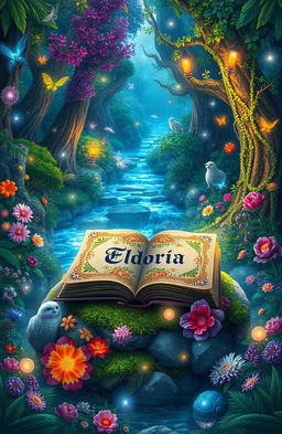 A magical enchanted forest filled with vibrant flora and fauna, sparkling fairy lights twinkling among the trees, a shimmering brook flowing through the lush greenery, fantastical creatures peeking through the foliage, and an ethereal glow illuminating the scene