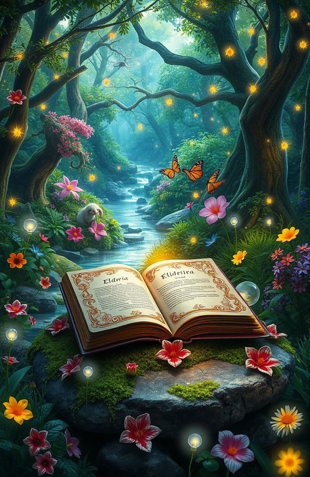 A magical enchanted forest filled with vibrant flora and fauna, sparkling fairy lights twinkling among the trees, a shimmering brook flowing through the lush greenery, fantastical creatures peeking through the foliage, and an ethereal glow illuminating the scene