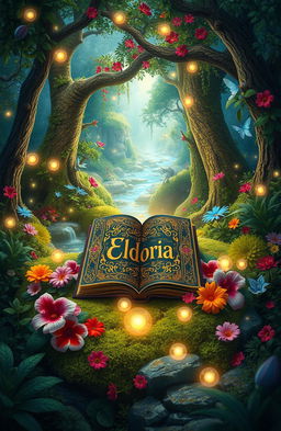 A magical enchanted forest filled with vibrant flora and fauna, sparkling fairy lights twinkling among the trees, a shimmering brook flowing through the lush greenery, fantastical creatures peeking through the foliage, and an ethereal glow illuminating the scene