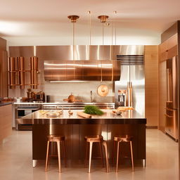 A modern kitchen with a central island and high-end stainless steel appliances. It is gleaming with warm lighting, and includes hanging pot racks filled with copper pots and pans.