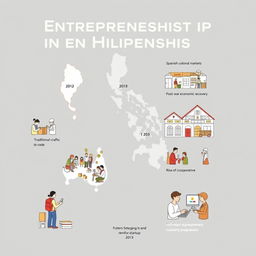 A simplified and clear illustration depicting the historical development of entrepreneurship in the Philippines