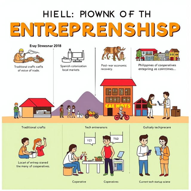 A simplified and clear illustration depicting the historical development of entrepreneurship in the Philippines