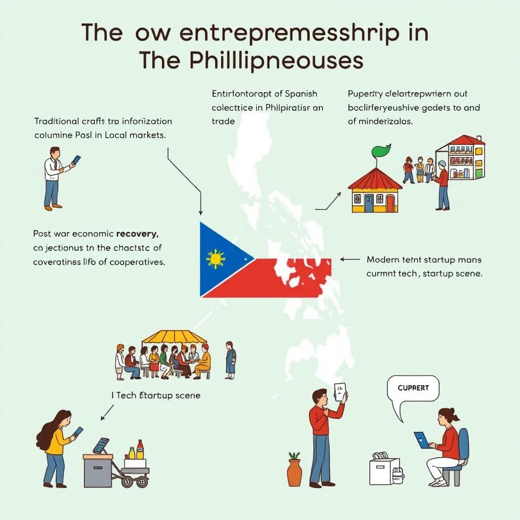 A simplified and clear illustration depicting the historical development of entrepreneurship in the Philippines