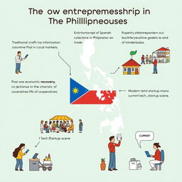 A simplified and clear illustration depicting the historical development of entrepreneurship in the Philippines