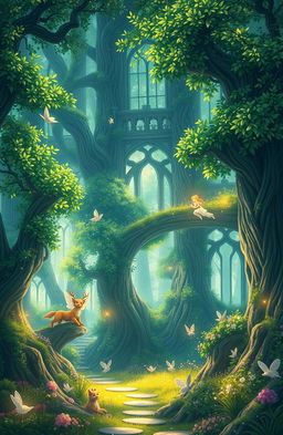 A magical forest in anime style, inspired by the theme of Eldoria, featuring lush green trees with sparkling leaves, glowing flowers, and ethereal light filtering through the canopy