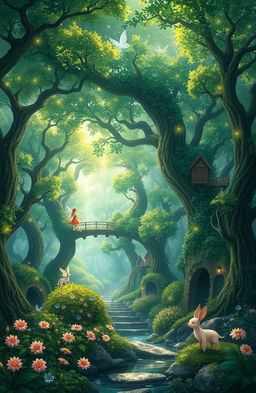 A magical forest in anime style, inspired by the theme of Eldoria, featuring lush green trees with sparkling leaves, glowing flowers, and ethereal light filtering through the canopy