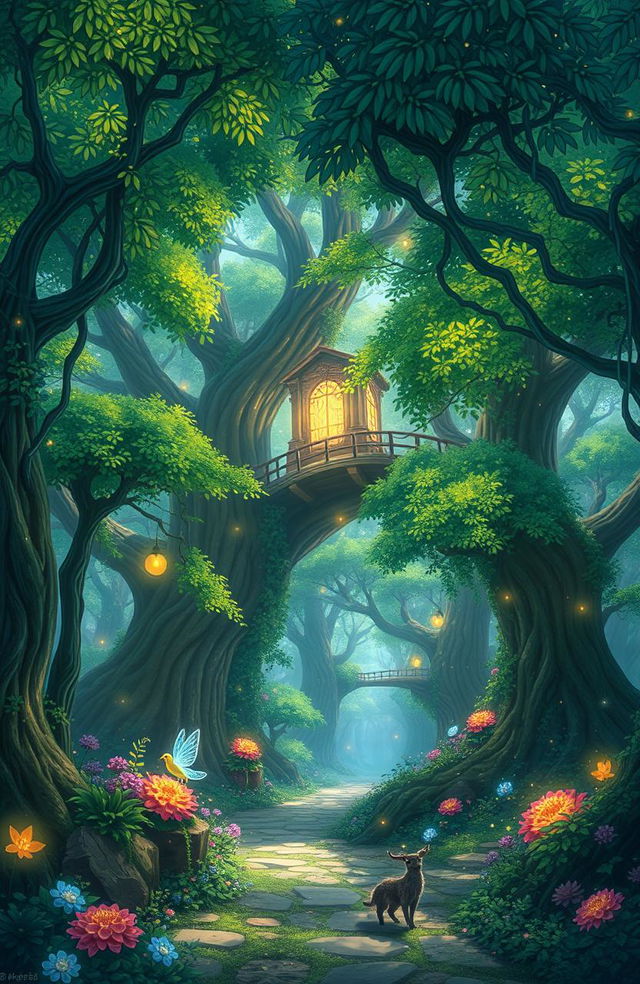 A magical forest in anime style, inspired by the theme of Eldoria, featuring lush green trees with sparkling leaves, glowing flowers, and ethereal light filtering through the canopy