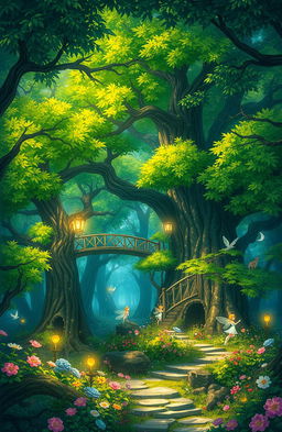 A magical forest in anime style, inspired by the theme of Eldoria, featuring lush green trees with sparkling leaves, glowing flowers, and ethereal light filtering through the canopy