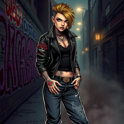 A fierce young woman embodying a gangster aesthetic, dressed in stylish streetwear complete with a leather jacket, baggy jeans, and high-top sneakers
