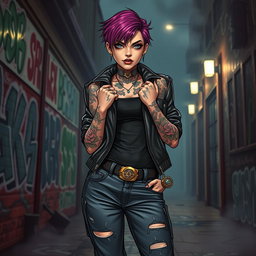 A fierce young woman embodying a gangster aesthetic, dressed in stylish streetwear complete with a leather jacket, baggy jeans, and high-top sneakers