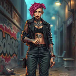 A fierce young woman embodying a gangster aesthetic, dressed in stylish streetwear complete with a leather jacket, baggy jeans, and high-top sneakers