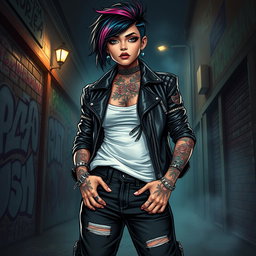 A fierce young woman embodying a gangster aesthetic, dressed in stylish streetwear complete with a leather jacket, baggy jeans, and high-top sneakers