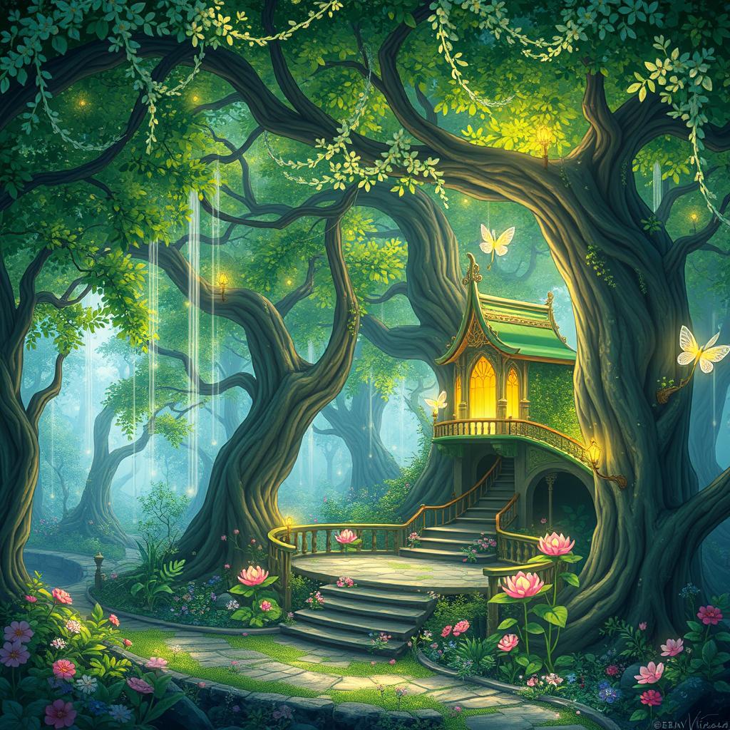 A magical anime-style forest inspired by the book titled 'Eldoria', featuring enchanting elven trees with vibrant green foliage and sparkling blossoms