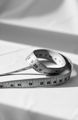 An elegant black and white photograph of a tape measure artistically arranged on a soft textured surface