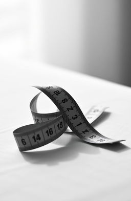 An elegant black and white photograph of a tape measure artistically arranged on a soft textured surface