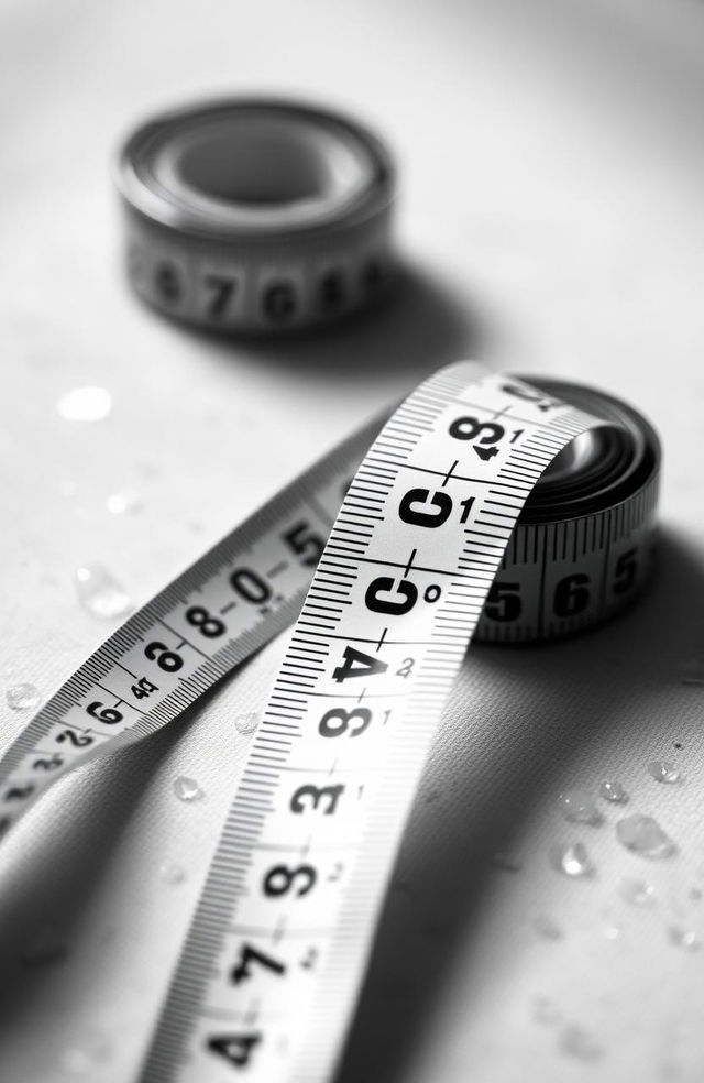 An elegant black and white photograph of a tape measure artistically arranged on a soft textured surface