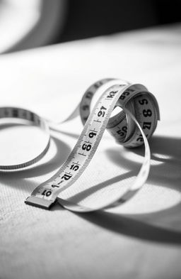 An elegant black and white photograph of a tape measure artistically arranged on a soft textured surface