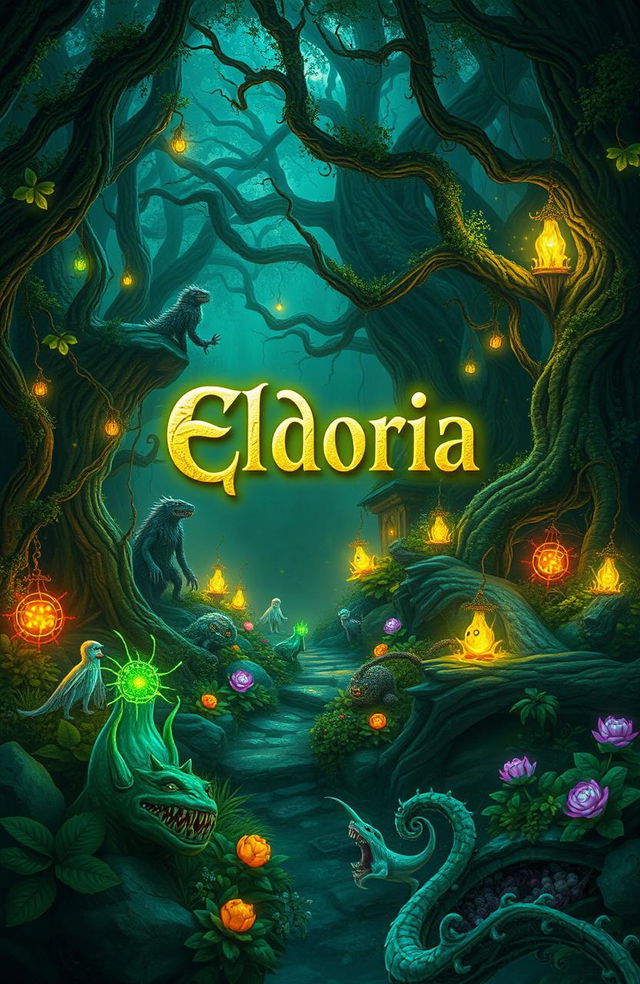 A magical forest scene, depicting a vibrant, enchanted forest with a balance of light and darkness