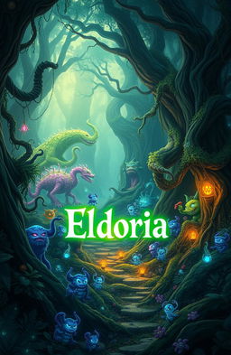 A magical forest scene, depicting a vibrant, enchanted forest with a balance of light and darkness